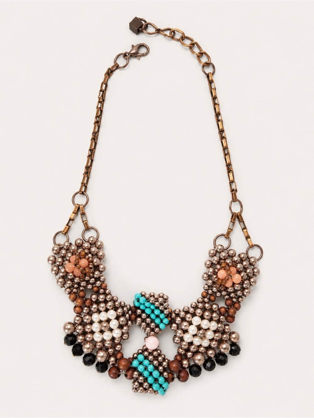 Pam Hiran for Anthropologie Beaded Bib Statement Necklace Teal Bronze Boho